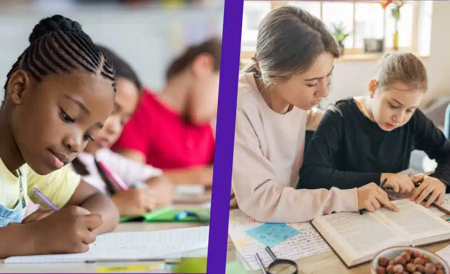 Side-by-side pictures of learning center and at-home tutor.