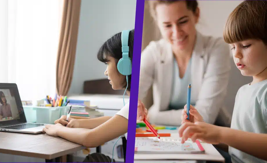 On Left: Student does virtual learning On Right: Teacher facilitates in-person learning