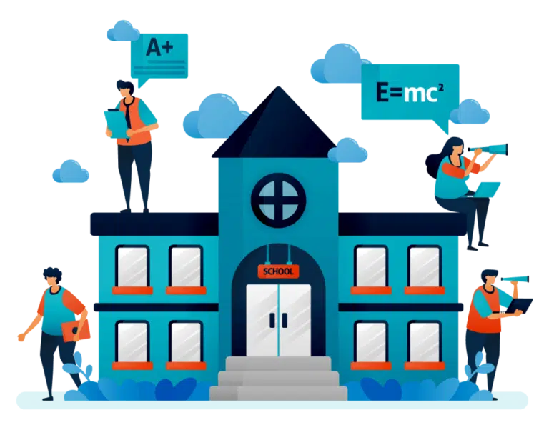 An icon of students standing by a school